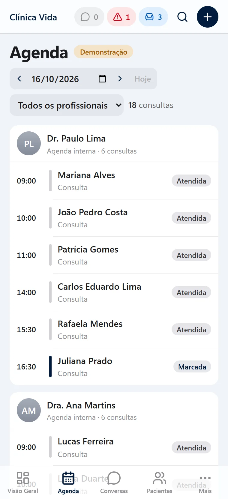 Agenda no celular, separada por profissional, com os horários e o estado de cada consulta.